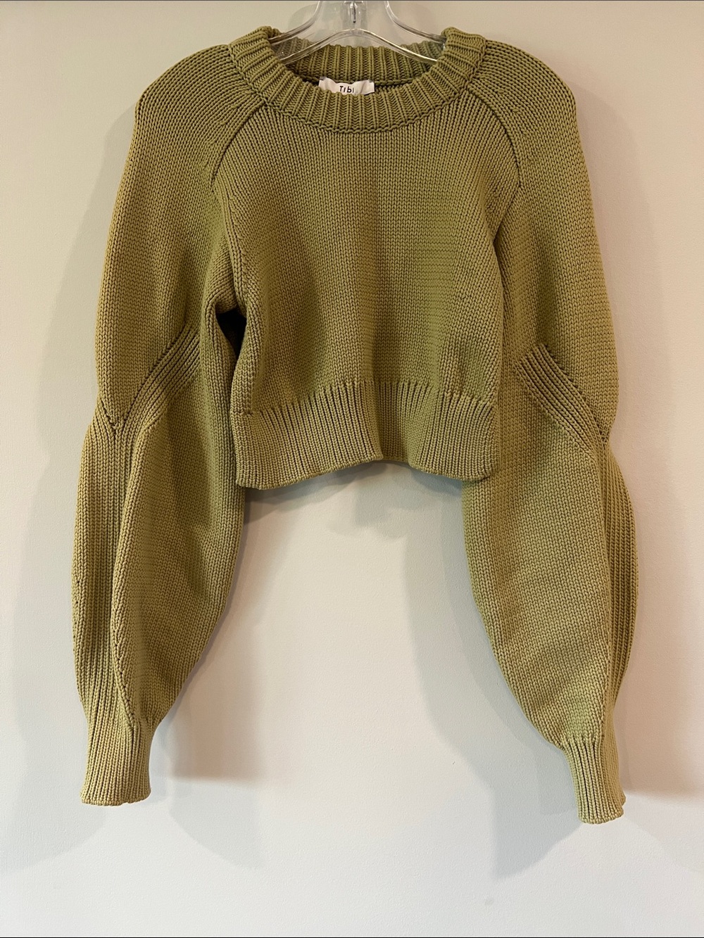 Tibi - XS, Olive Green Cropped Balloon Sleeve Sweater
